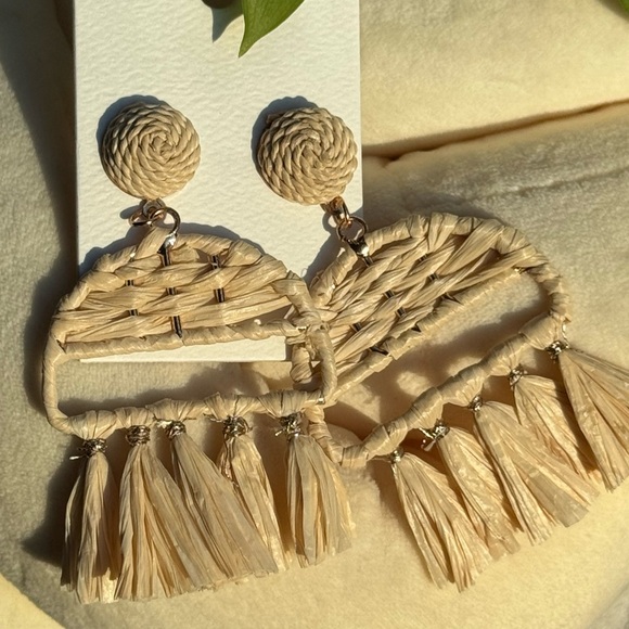 🌴 Beige Woven Raffia Statement Earrings - Picture 3 of 4